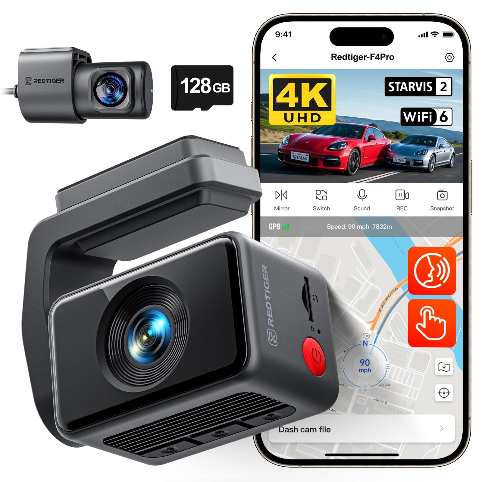 F4 Pro 4K STARVIS 2 Dash Cam, 5.8GHz WiFi 6 Transfer, 128GB Card