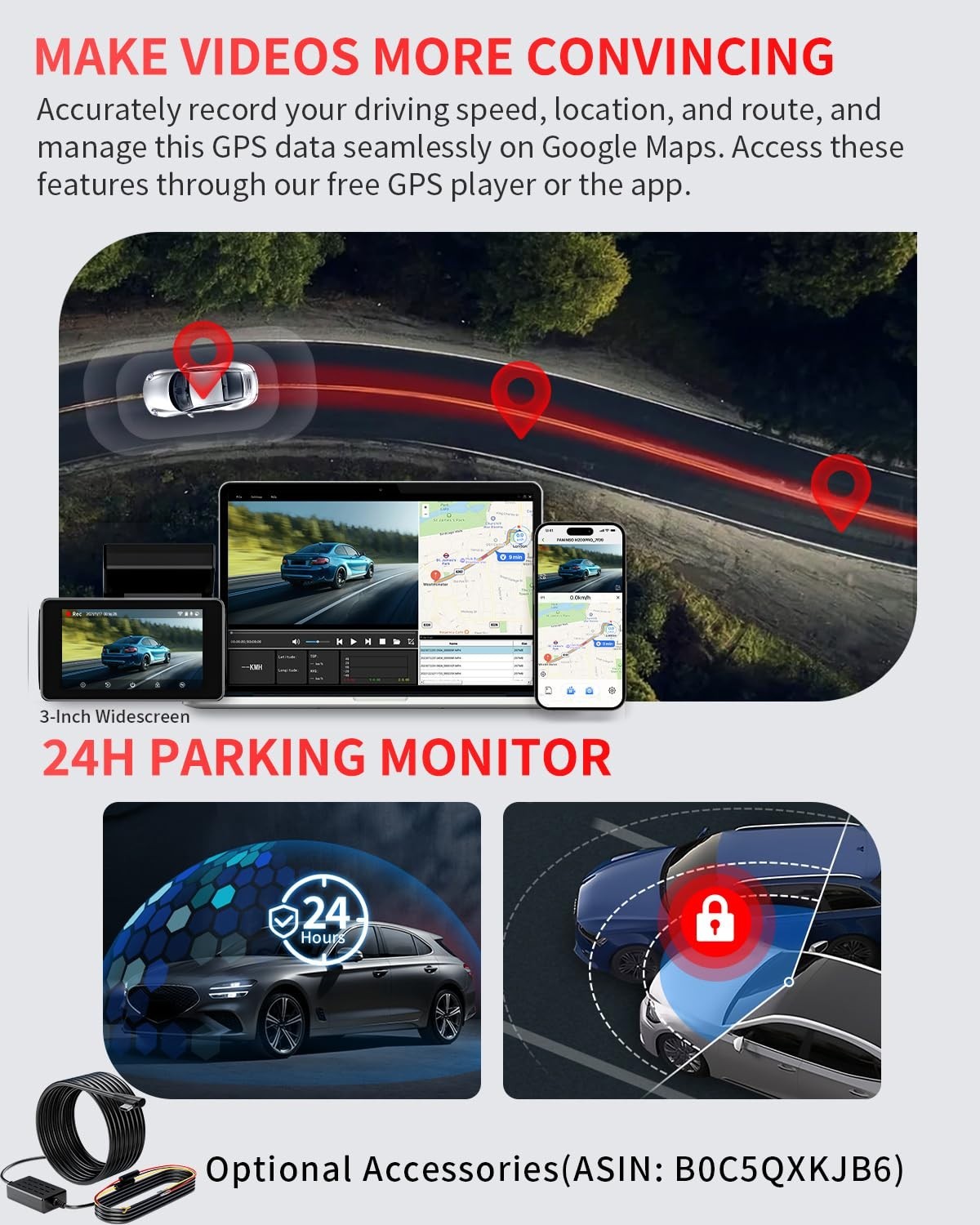 4K Dual Dash Cam Front & Rear, 64GB Card, WiFi GPS, Night Vision, 3″ Screen