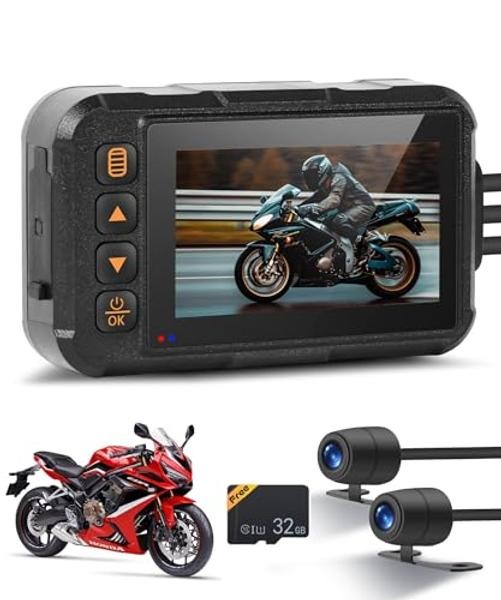 Dual Channel Dash Cam for Motorcycle, 3″ HD IPS Screen, 720P Front and 480P