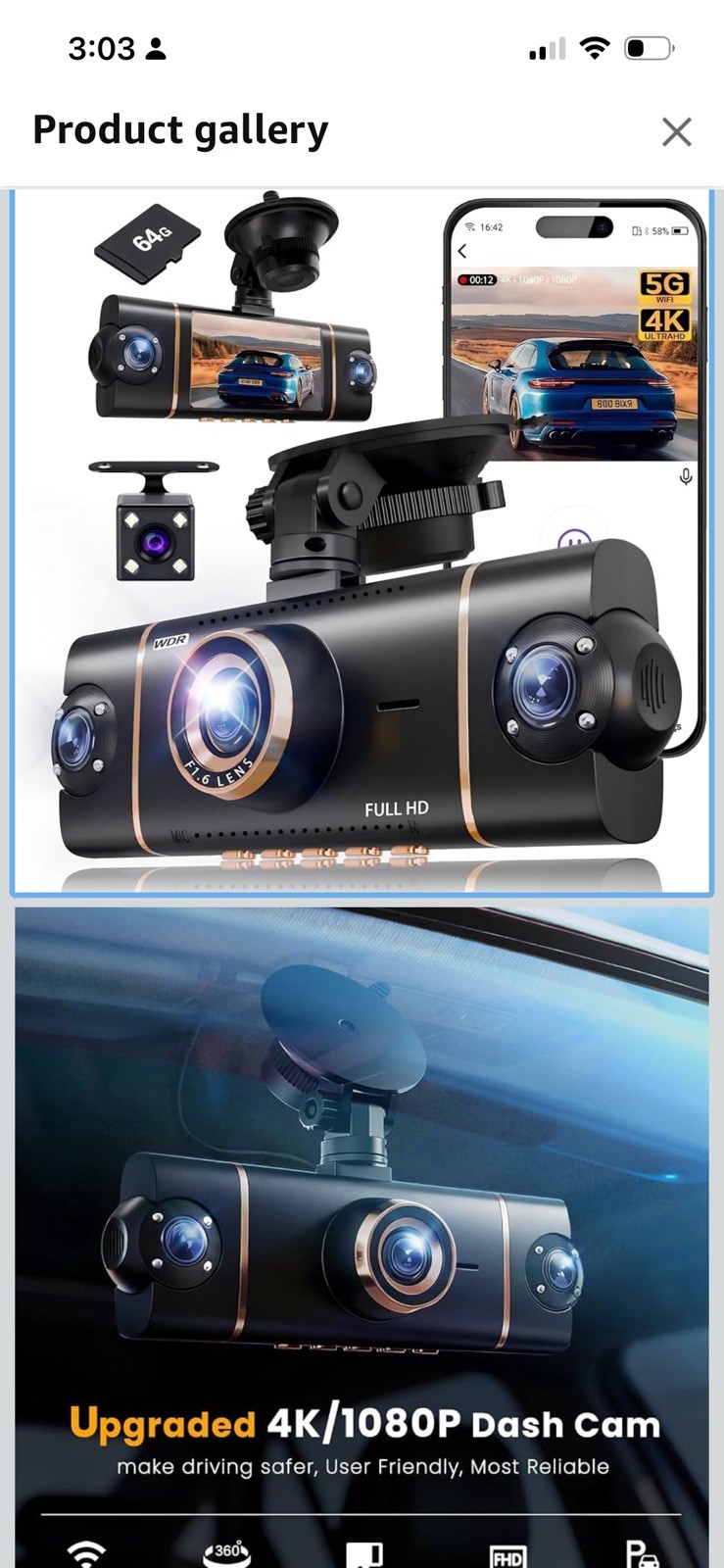 4K1080P3 FHD Dash Cam 5GHz WiFi App Control 4 Channel 360 Car Camera Front Rear