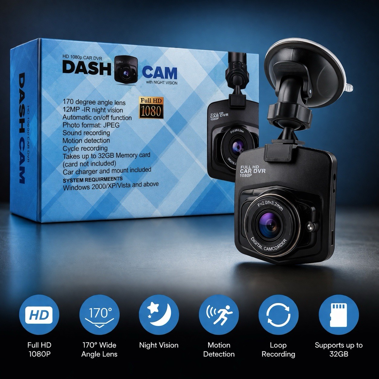 HD 1080P Car Dash Cam DVR Night Vision 170 Wide Angle SD Card Included New