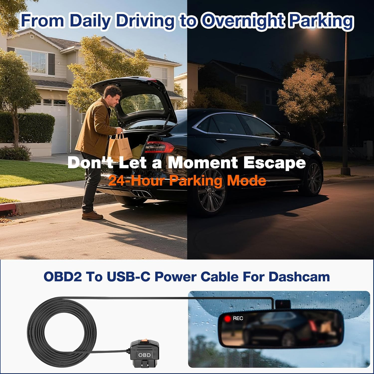 OBD Power Cable for Dash Camera,Obd2 to USB C Adapter Hardwire Kit with Low Volt