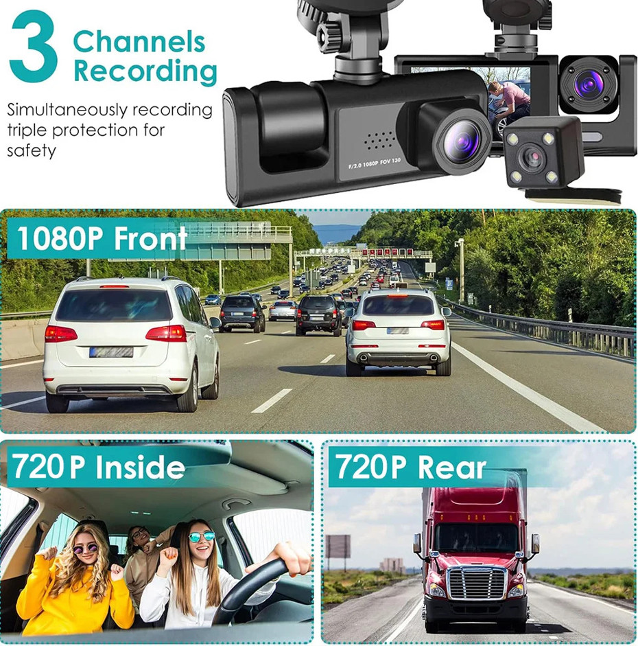 2.0-Inch IPS Screen HD 1080P 3 Lens Dashcam With Night Vision&Wifi Link