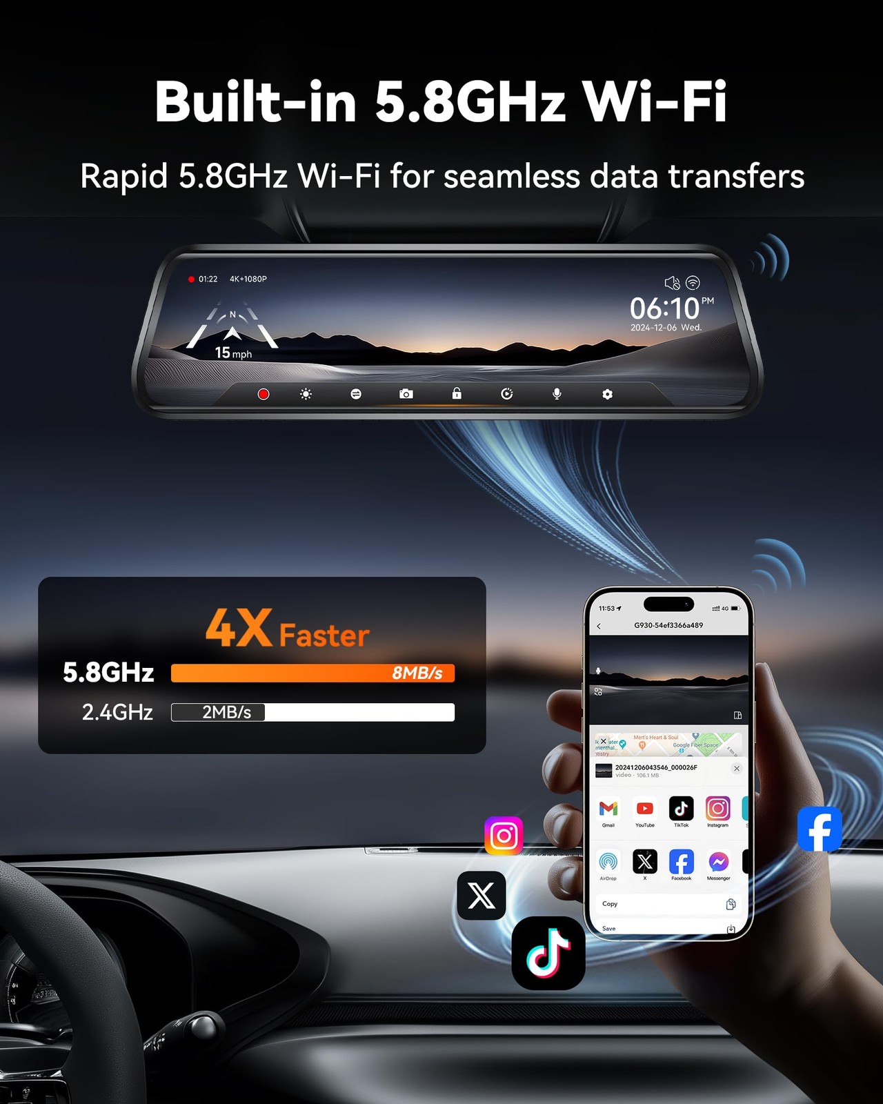 WOLFBOX G930 10” Rear View Mirror Camera with 5.8GHz WiFi, 4K Dash Cam Front…