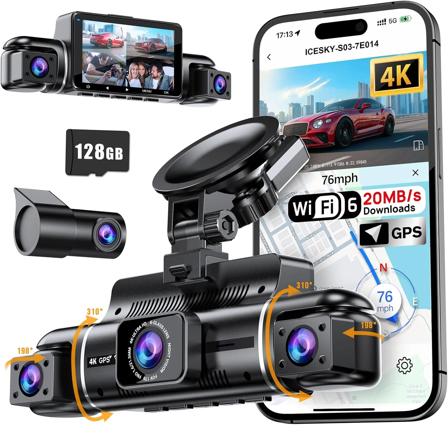 Icesky S03 4K Dash Cam Front Rear Inside Left Right with GPS, Free 128GB SD Card