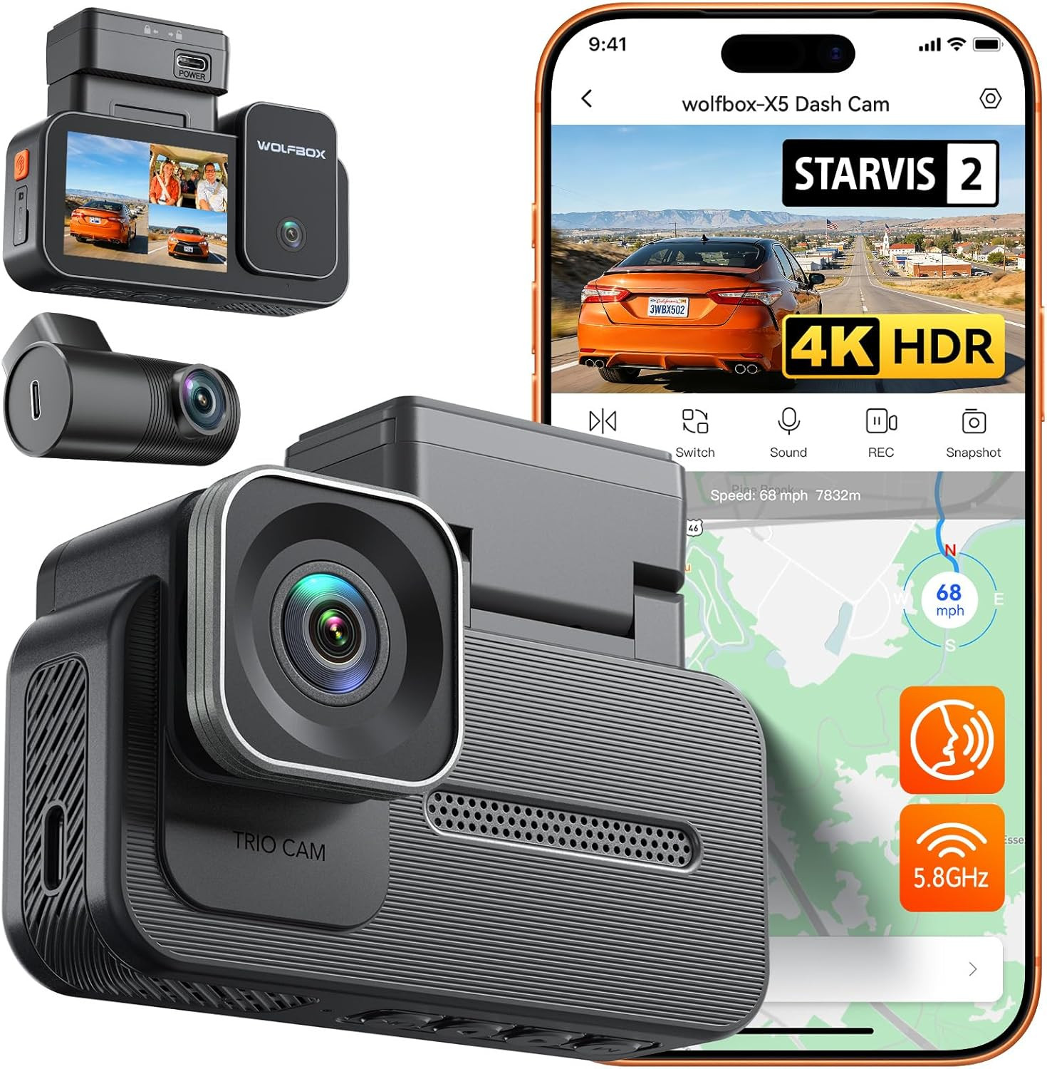 X5 3 Channel 4K HDR Dash Cam, STARVIS 2 IMX678 8MP Night Vision, 4K+2.5K+1080P F