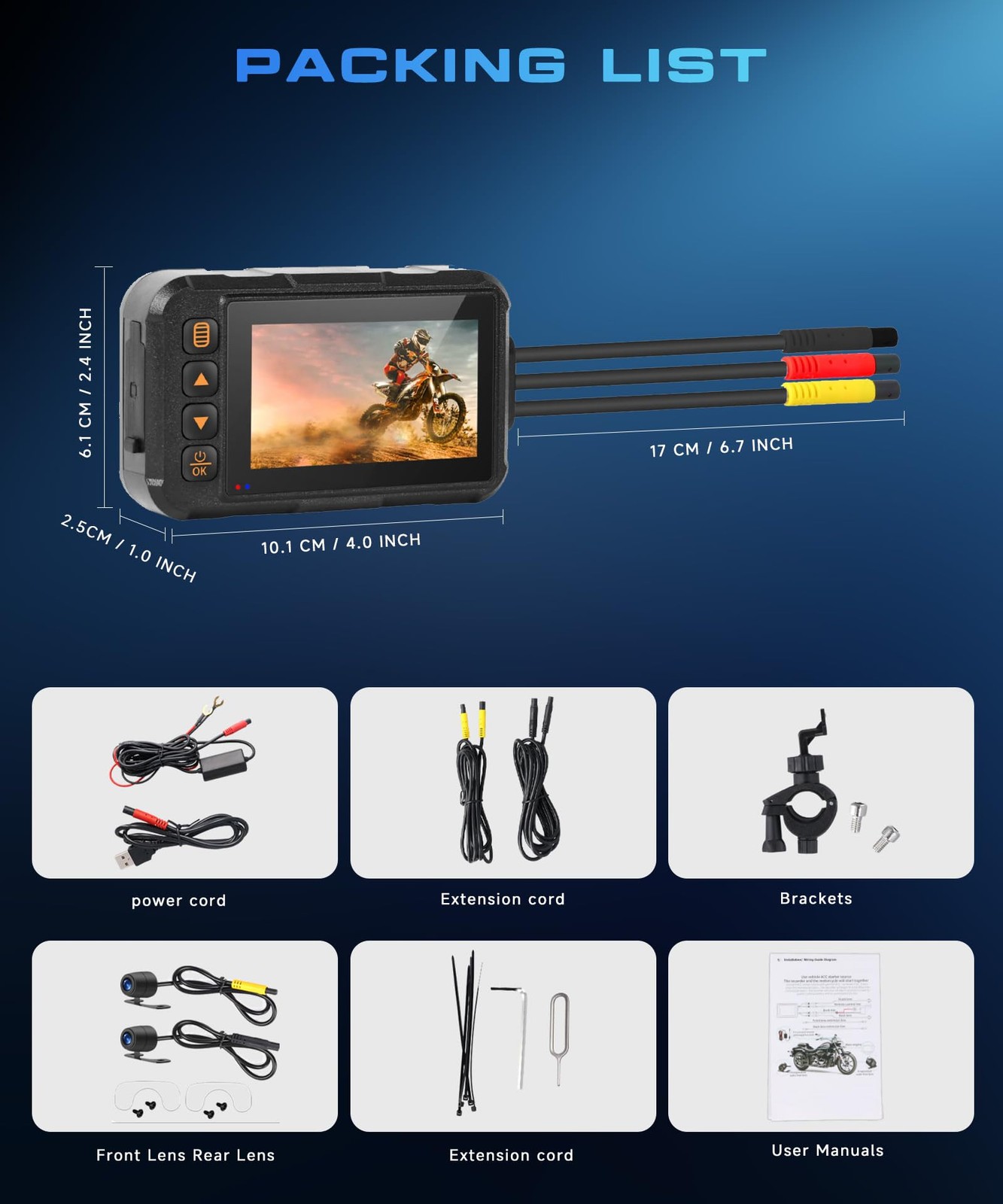 Dual Channel Dash Cam for Motorcycle, 3″ HD IPS Screen, 720P Front and 480P R…