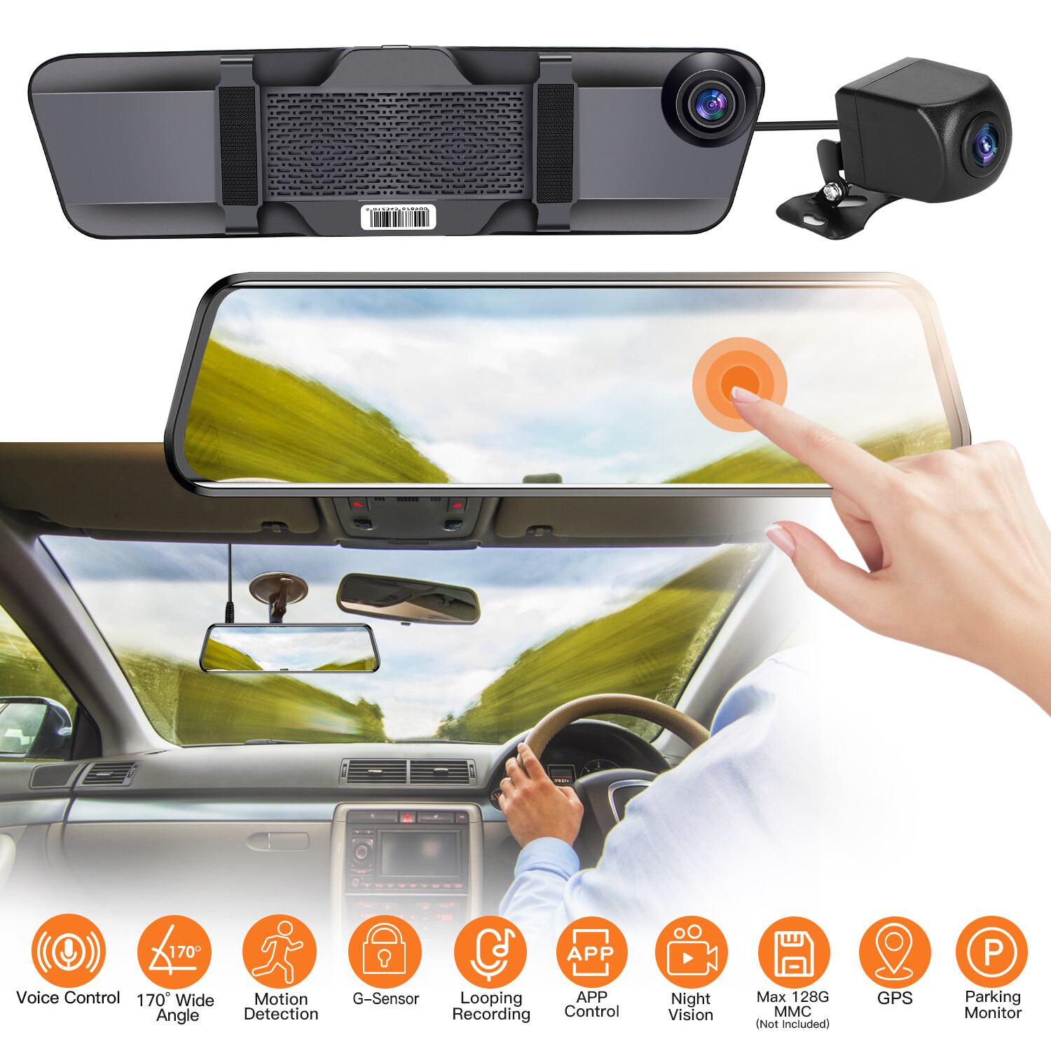 4K 12″Dash Cam Camcorder GPS WiFi Voice Control Car Rear View Backup Dual Camera