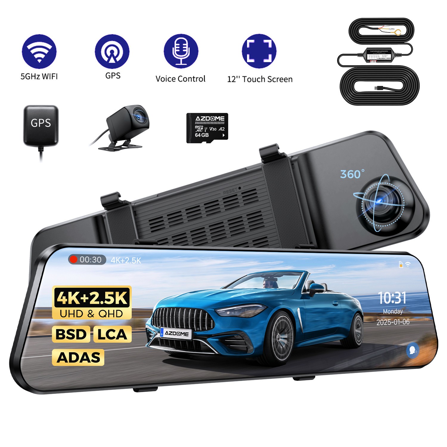 AZDOME 12″ 2CH 4K+2.5K Rearview Mirror Dash Cam 5GWiFi GPS Parkmode&Hardwire Kit