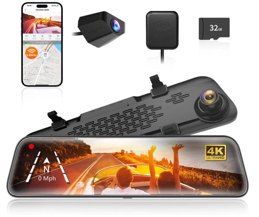 Cámara Espejo 4K para Coche con GPS, WiFi 5.8GHz y Cámara Delantera/Trasera