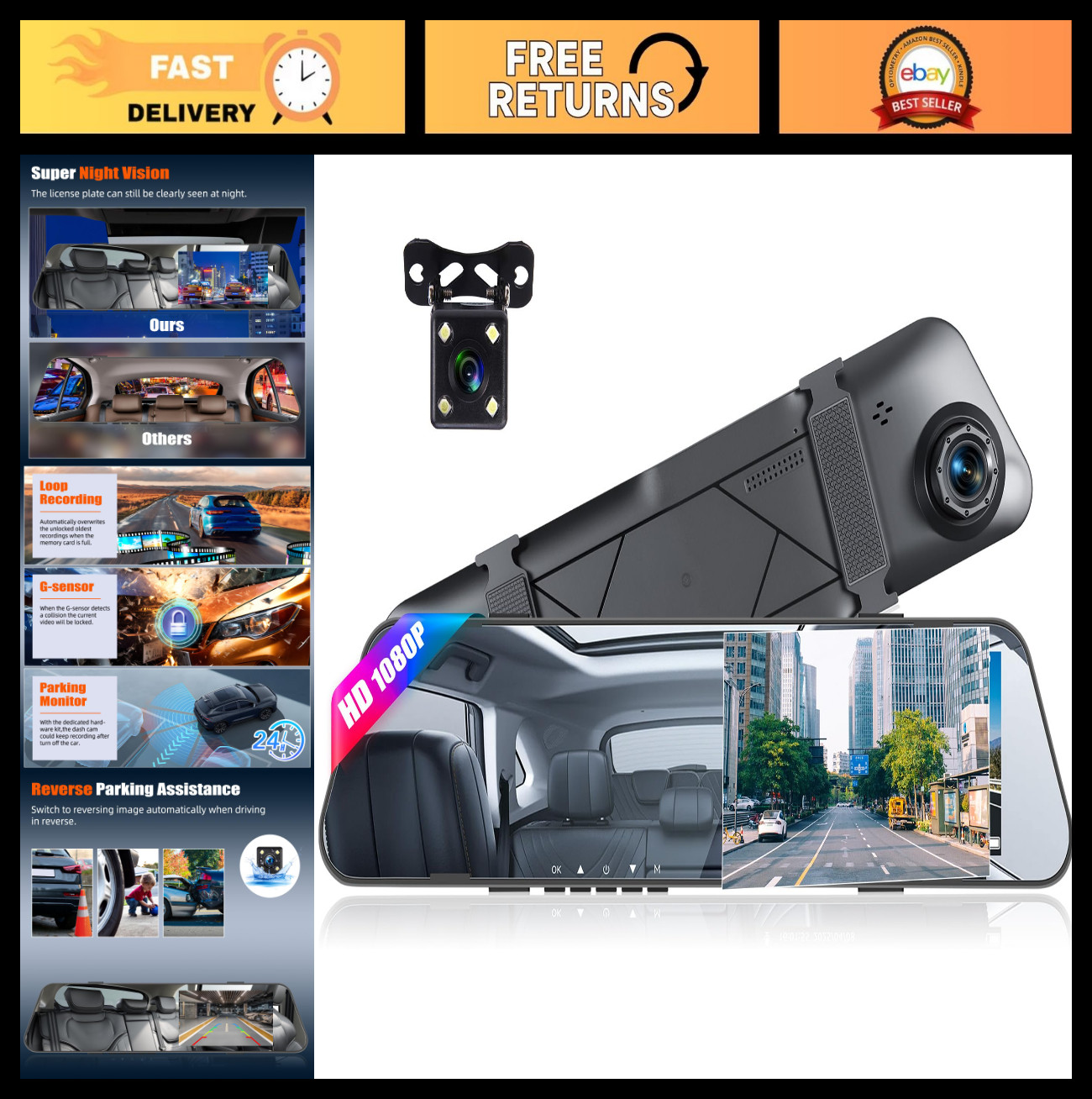 1080P Dual Lens Mirror Dash Cam, 4.5″ Rear View, Night Vision, Parking Assist