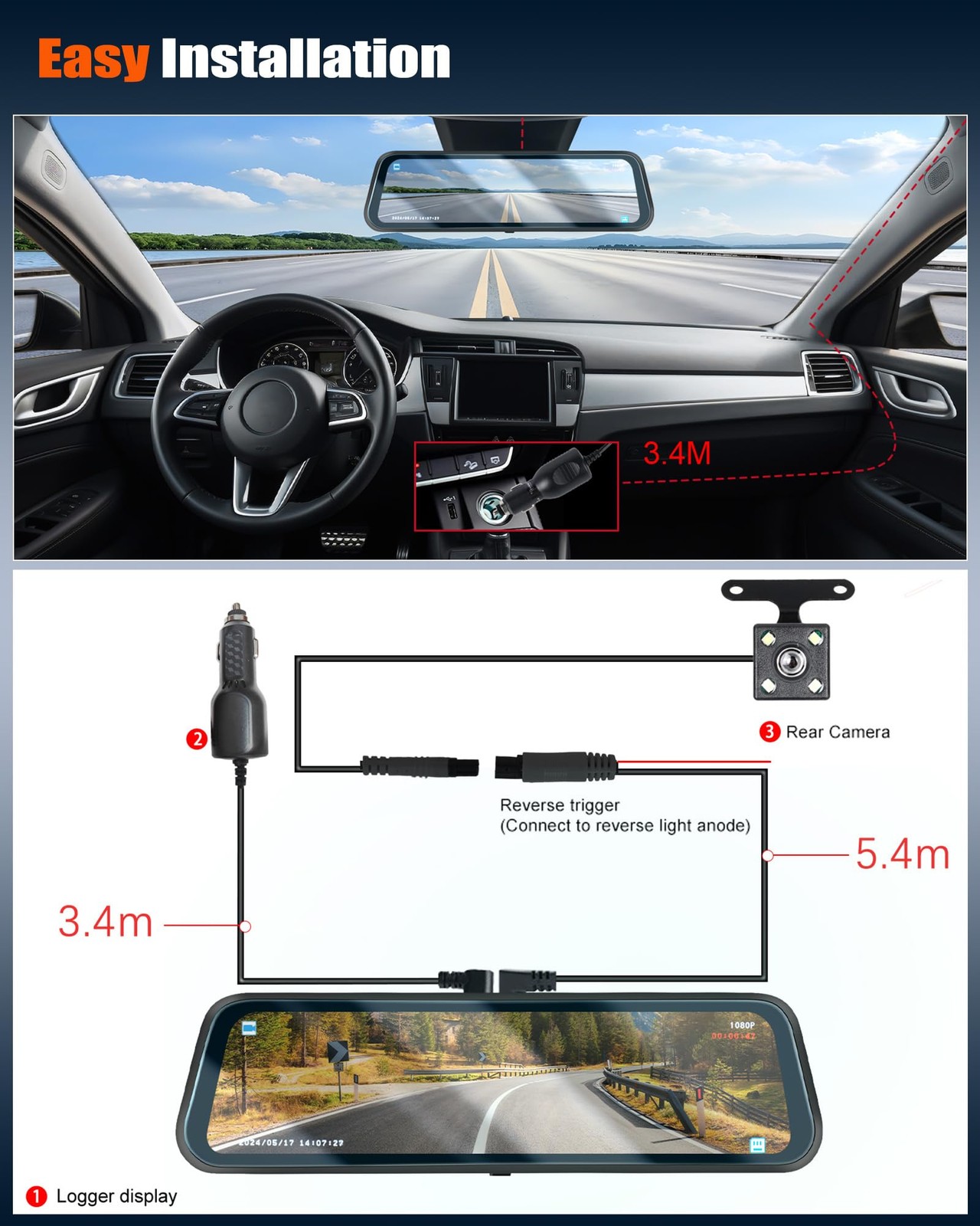 9.66″ Mirror Dash Cam,1080P Touchscreen Rear View Mirror Front and Rear View …