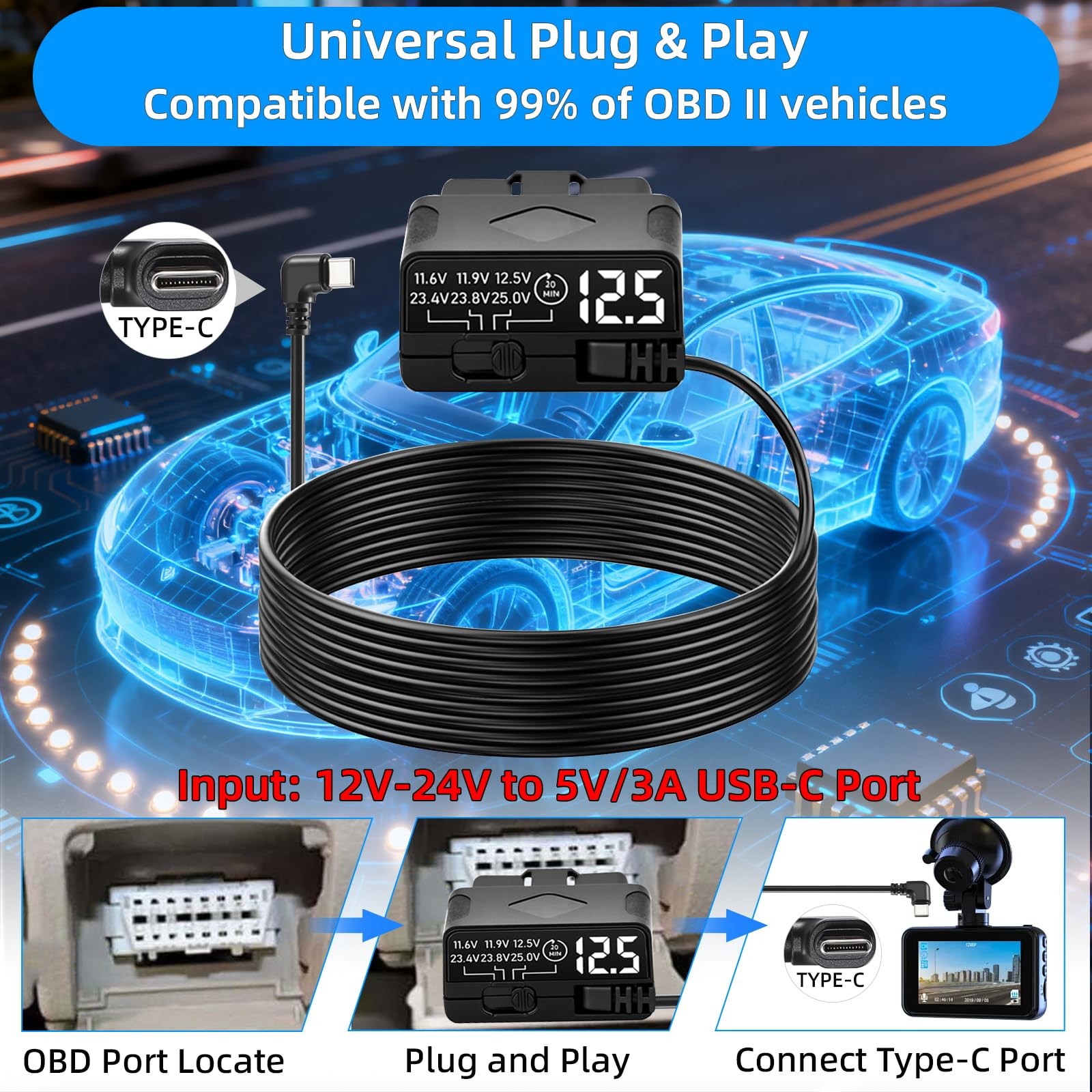 YTAIMITOP OBD2 to USB C Dash Cam Hardwire Cable Black 3.5M