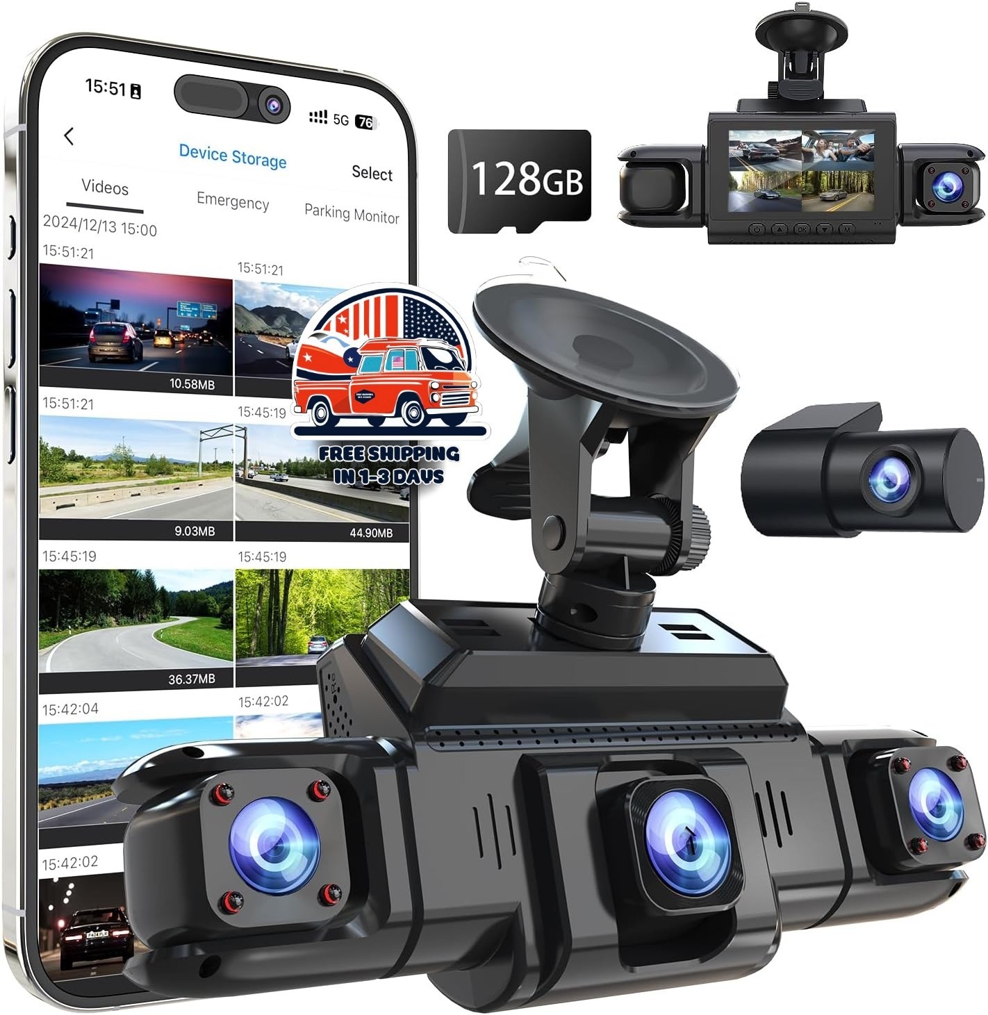 Cámara Dash Cam 360° 4 Canales GPS WiFi 5G Visión Nocturna 128GB Para Auto NUEVO