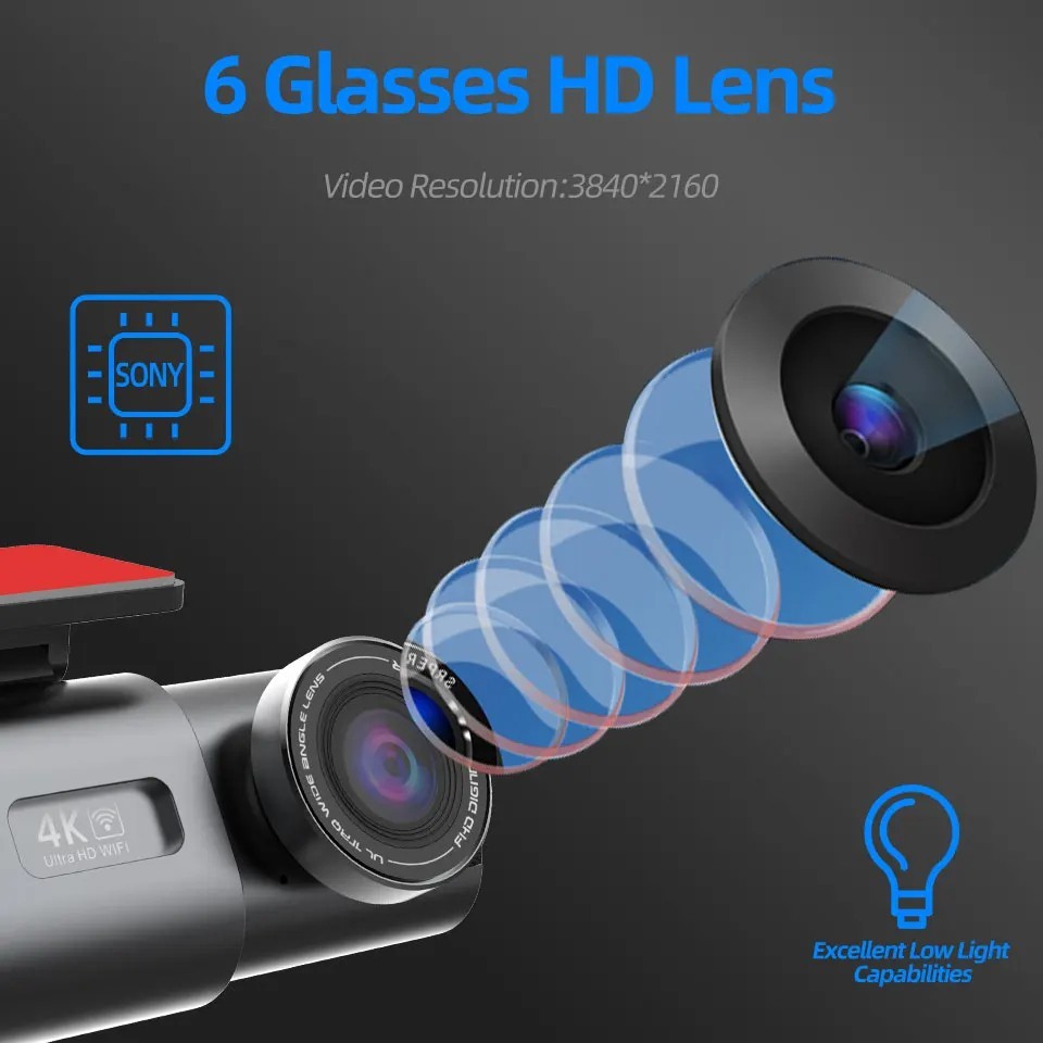 4K UHD Dash Cam Car DVR Camera WiFi GPS Night Vision 24H Parking Video Recorder