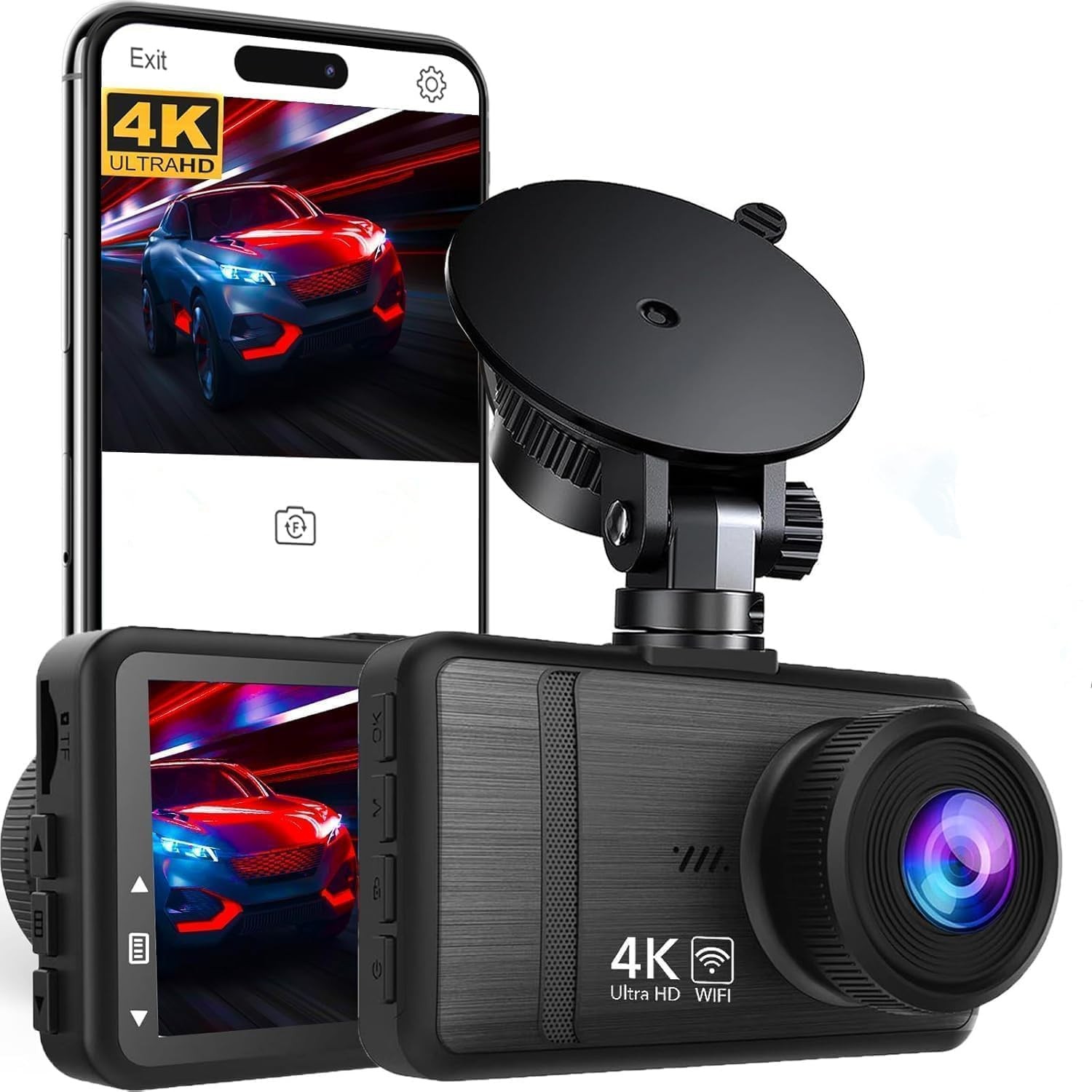 Dash Cam Front and Rear 4K HD WiFi Night Vision 64GB Card 170 Wide Angle