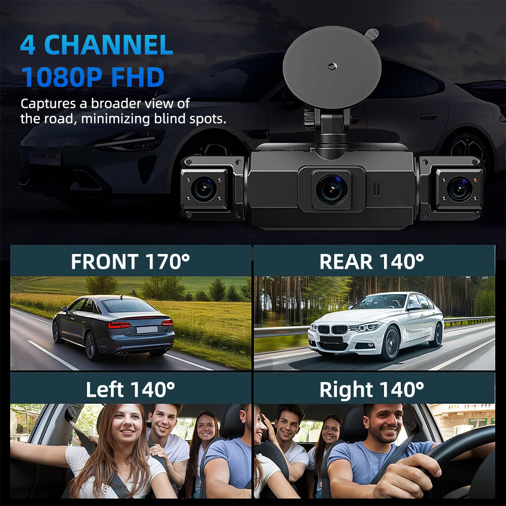 4 Channel Dash Camera for Cars Front and Rear Inside Loop Recording 24Hr Parking