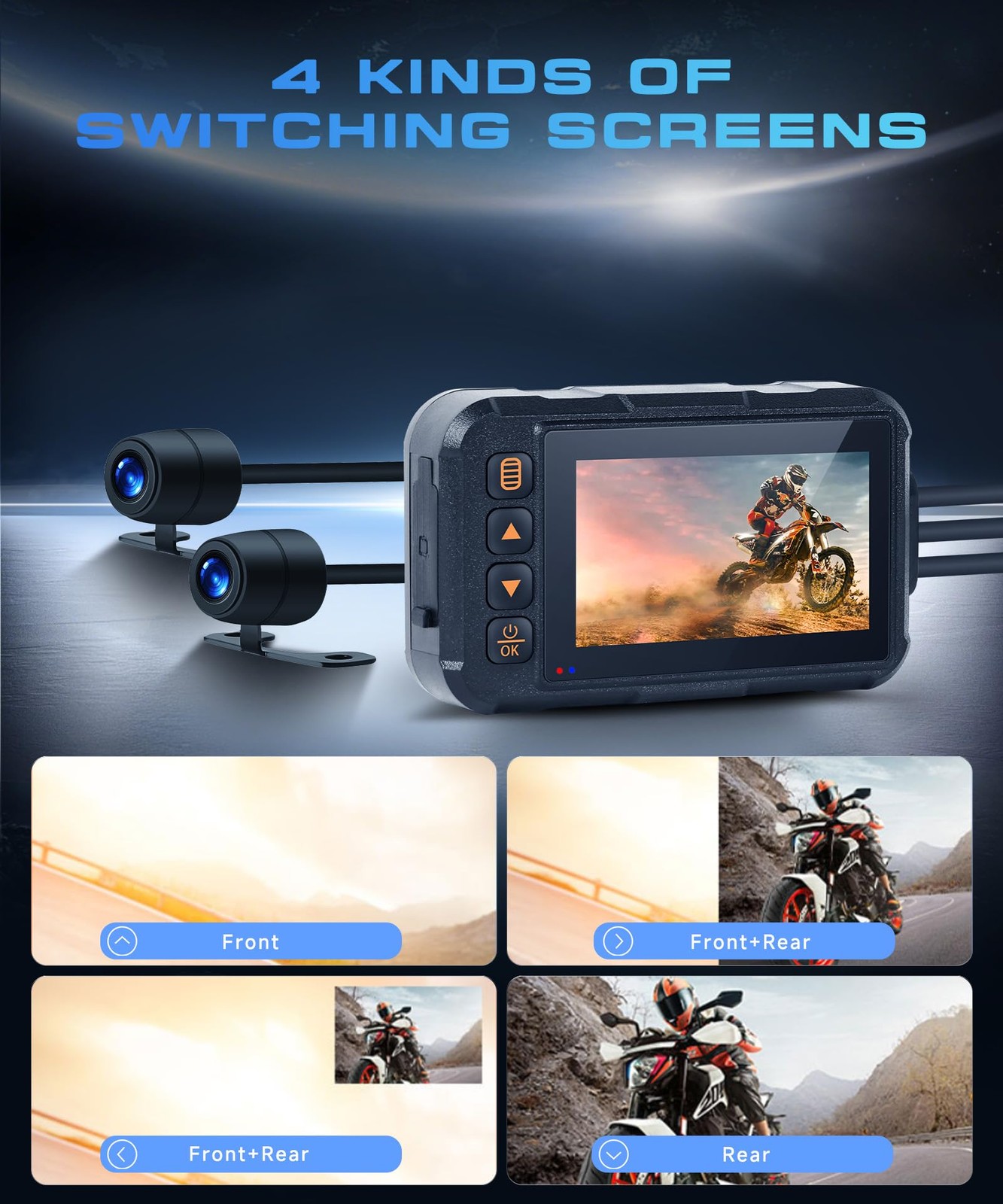Dual Channel Dash Cam for Motorcycle, 3″ HD IPS Screen, 720P Front and 480P R…
