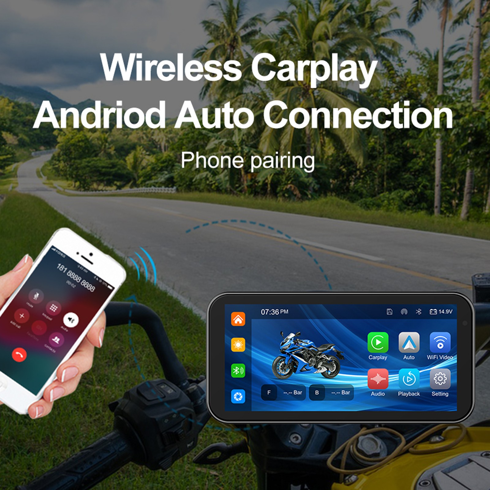 Motorcycle Dash Cam 6.25″ Carplay Android Auto Screen Wired Controller+Camera