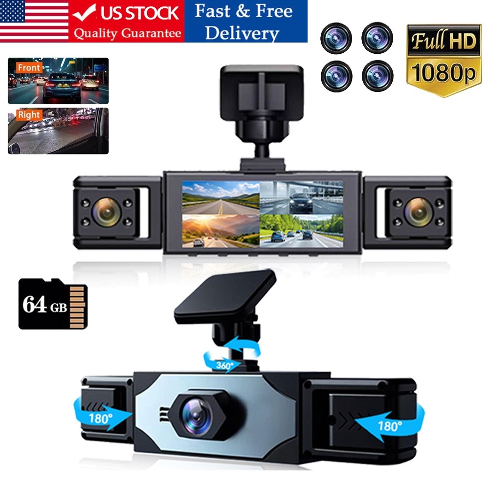Dash Camera +64GB 1080P Front Rear Dash Cam 4Channel Night Vision Adjustable US