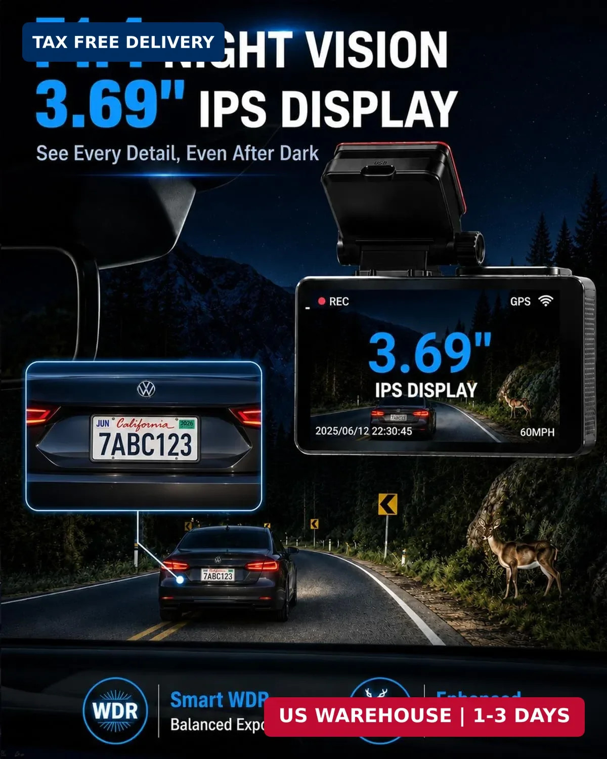 4K+2.5K Dual Dash Cam Front Rear F1.4 Night Vision Dash Camera | 3.69″ LCD, 5.8G