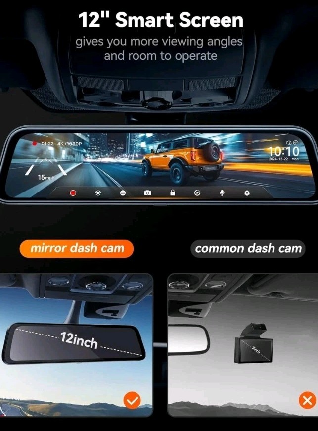 G840S 12″ 4K Mirror Dash Cam Backup Camera, 5.8Ghz Wifi Smart Rearview Mirror fo