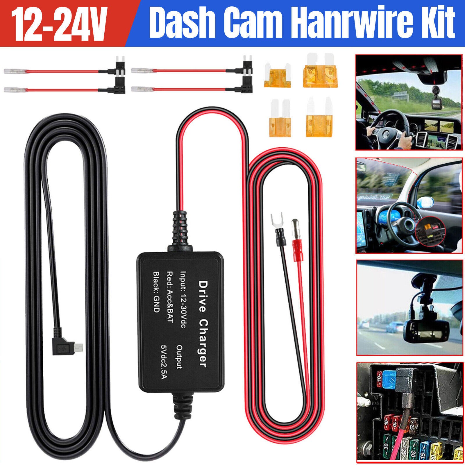 Universal Dash Cam Hardwire Kit Mini USB Hard Wire Cable Fuse 12-24V for Car DVR