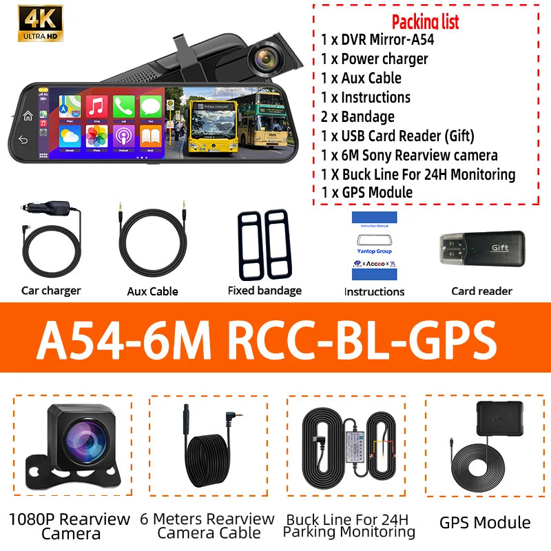 E-ACE 4K Mirror Dash Cam CarPlay Android Auto Touch Screen Night Vision GPS