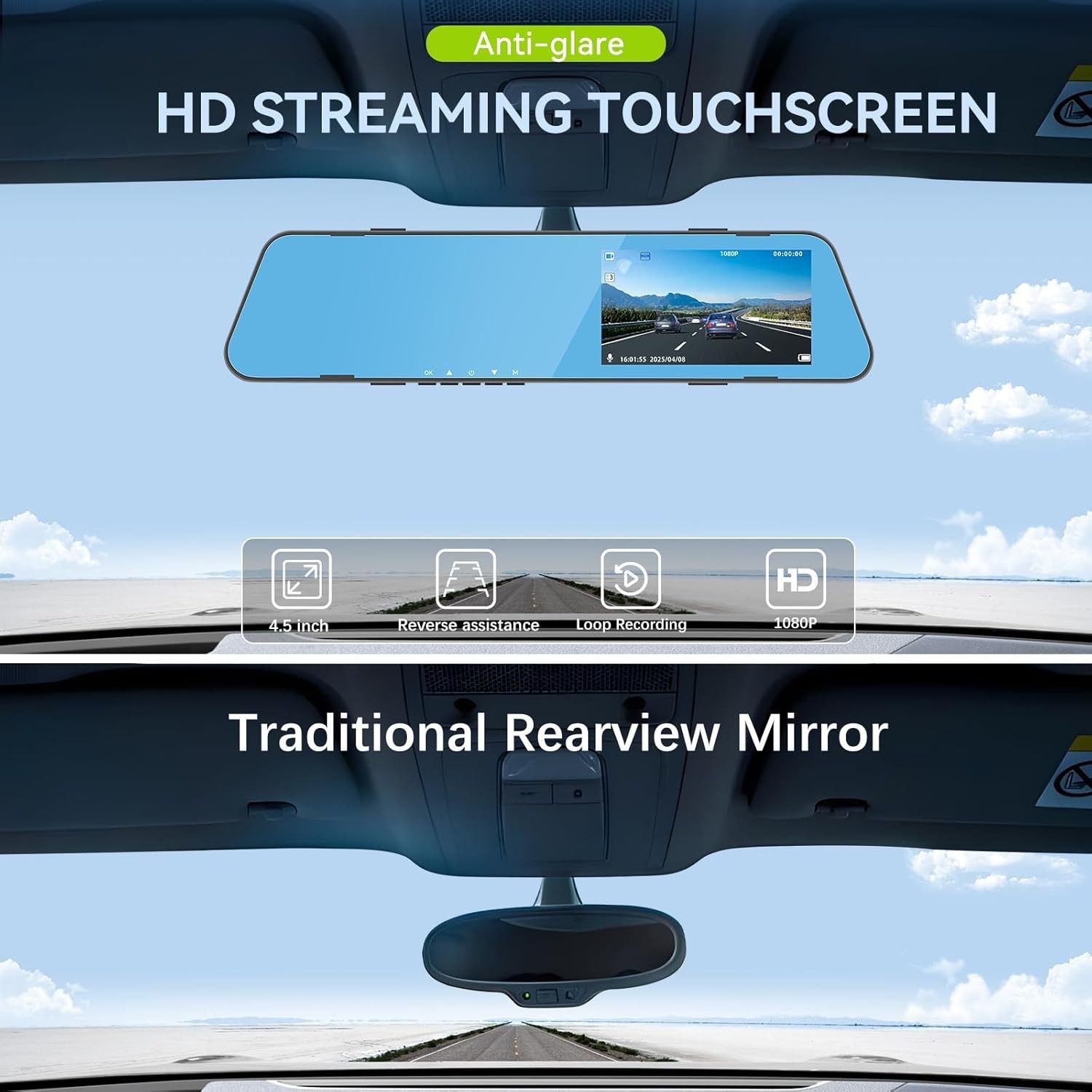 4.5 Inch Mirror Dash Cam – 1080P Dual Lens Backup Camera with Parking Assistant