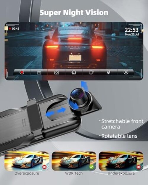 2.5K Mirror Dash Cam with Carplay&Android Auto,10″ Rear View Mirror Camera for