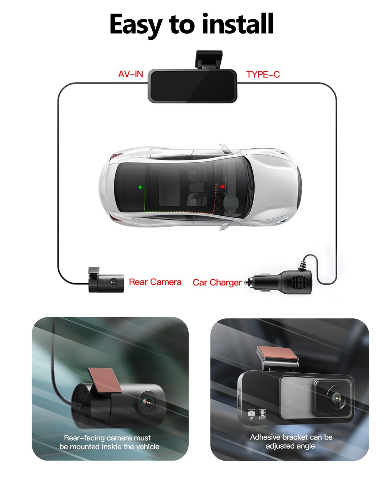 4K Dash Cam Front and Rear 3.2in HD Wireless Mounted Camera for Cars,Built-in…