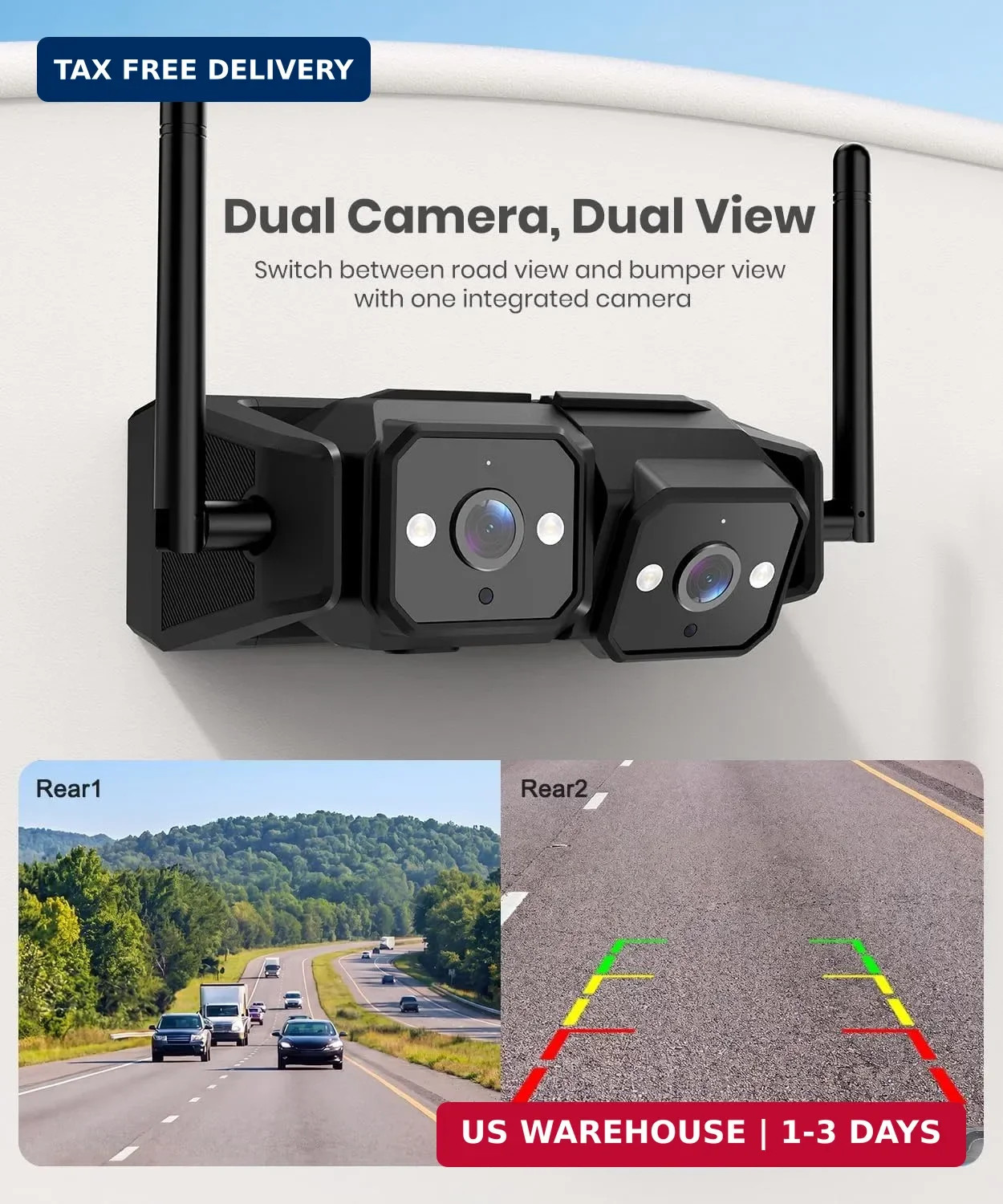 Wireless RV Backup Camera, Dual Lens Road and Bumper View | Dual Antenn