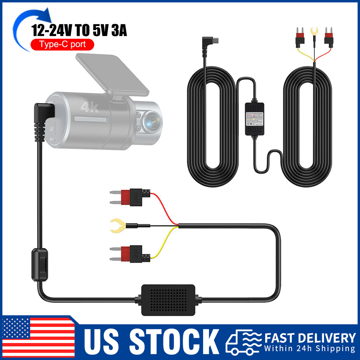 Dash Cam Hardwire Kit For Fuse 12/24V to 5V/3A USB Type C Port Hard Wire Cable