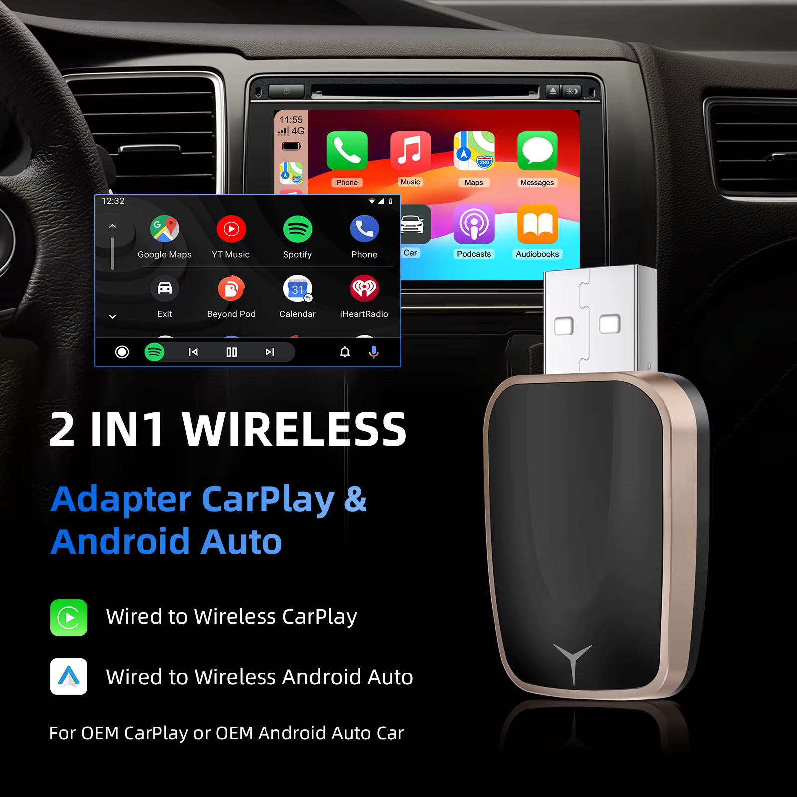 2 in 1 Carplay Android Auto Wired to Wireless Smart Mini Adapter, Compatible wit