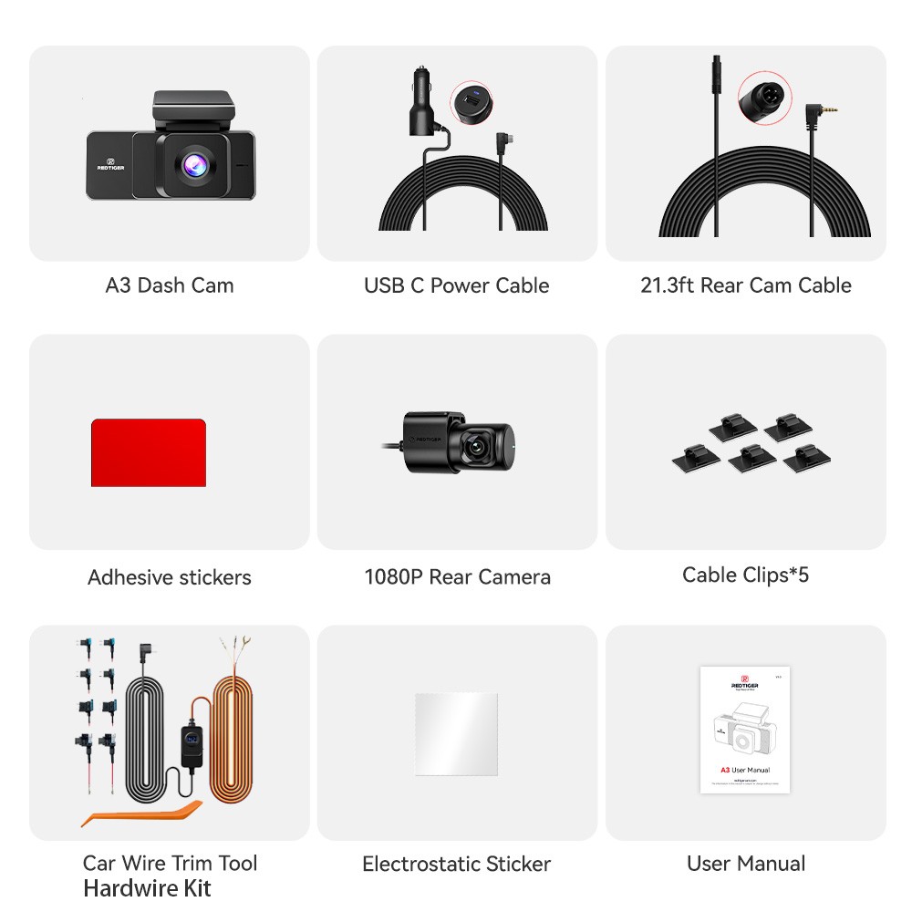 REDTIGER A3 3 Channel Dash Camera 32GB Card With Acc Multi-Size Hardwire Kit