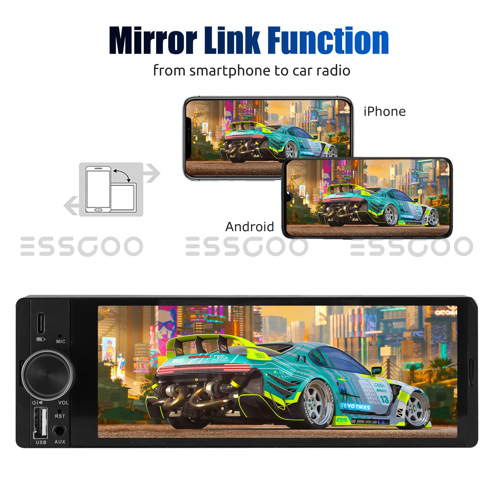 6.36 Inch Single 1 Din Car Stereo Radio Wireless CarPlay Touchscreen BT FM USB-C