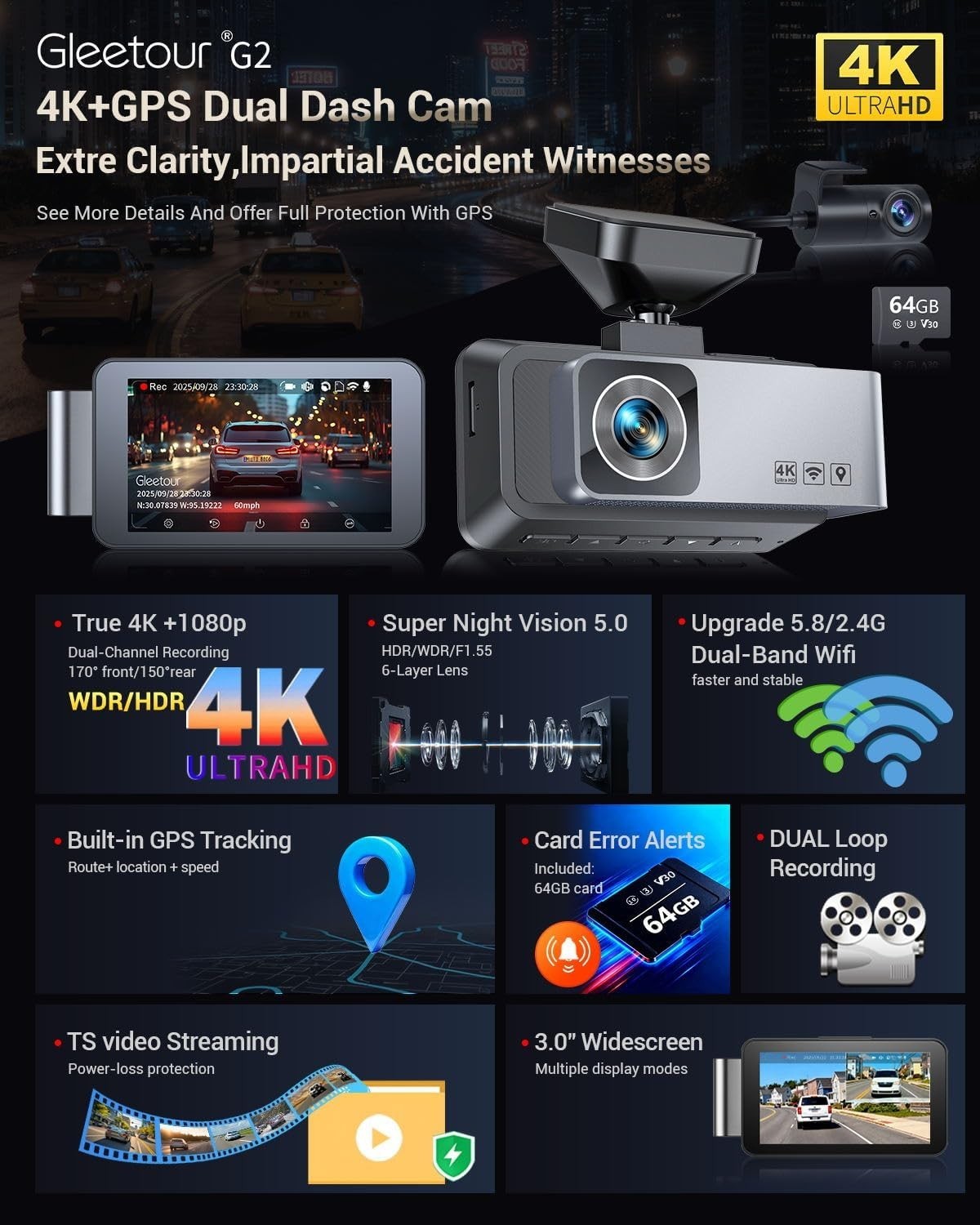 Car Dash Cam Front Rear Dual WiFi GPS 4K IPS Screen UHD Parking Monitor NightVis