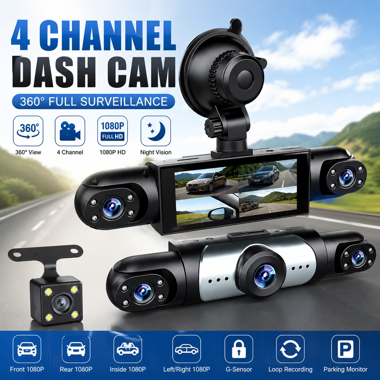 360° Full View 4 Channel Dash Camera 1080P Infrared Night Vision G-Sensor