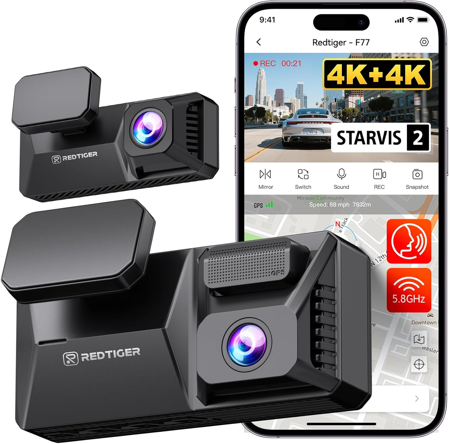 F77 4K+4K Dash Cam Front and Rear, Dual STARVIS 2 IMX678 HDR, Built-In 128GB Emm