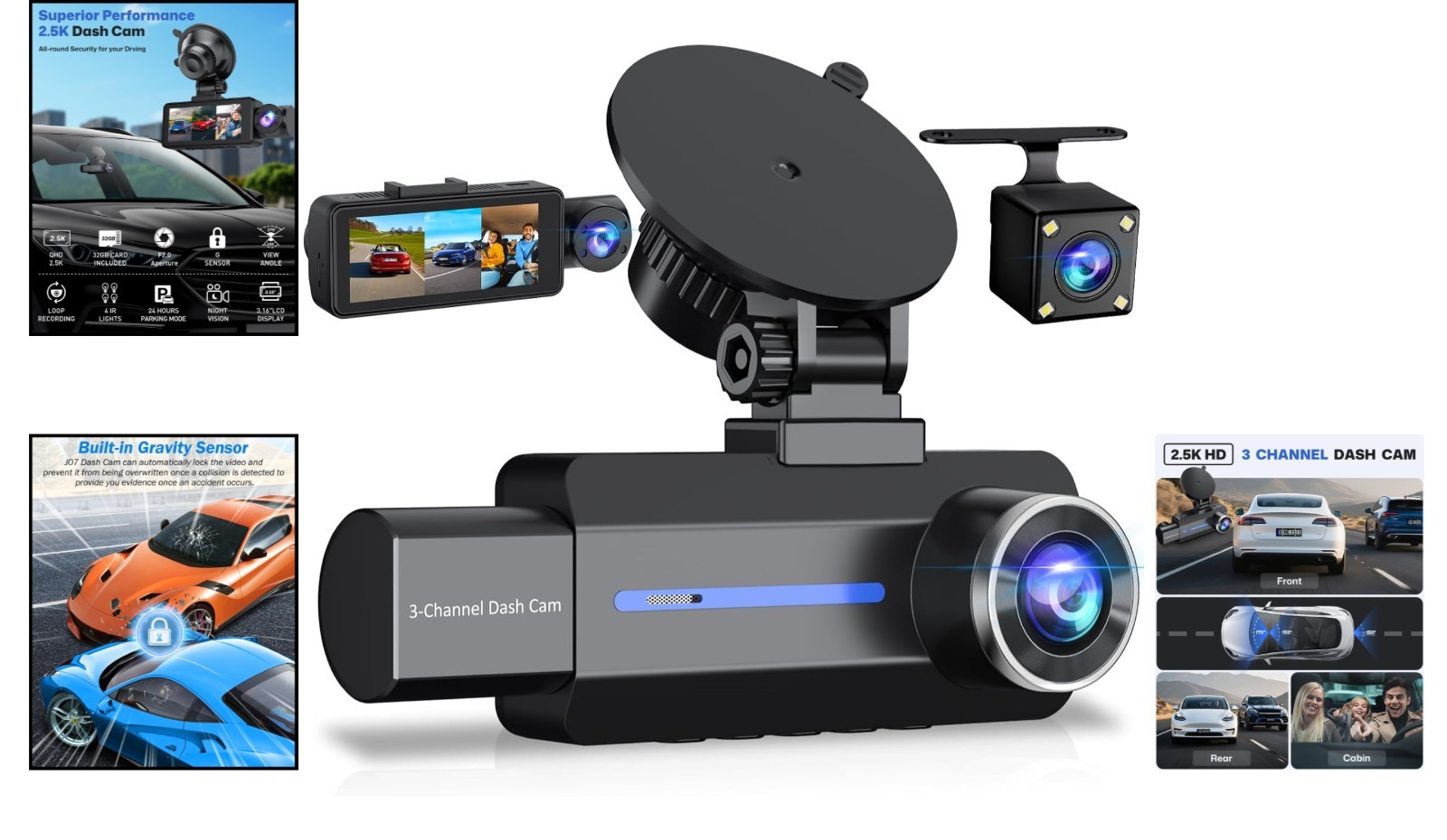 Advanced Night Vision 3-Channel Dash Camera – 24/7 Parking Mode & 32GB Card