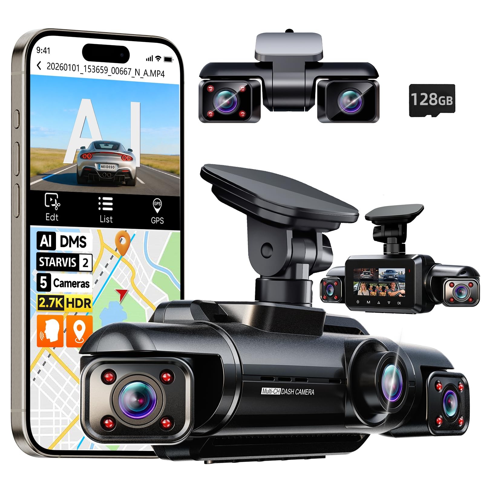 Neideso 5 Channel 360° Dash Cam Front and Rear, 2.7K + 4*1080P, STARVIS 2 Sen…