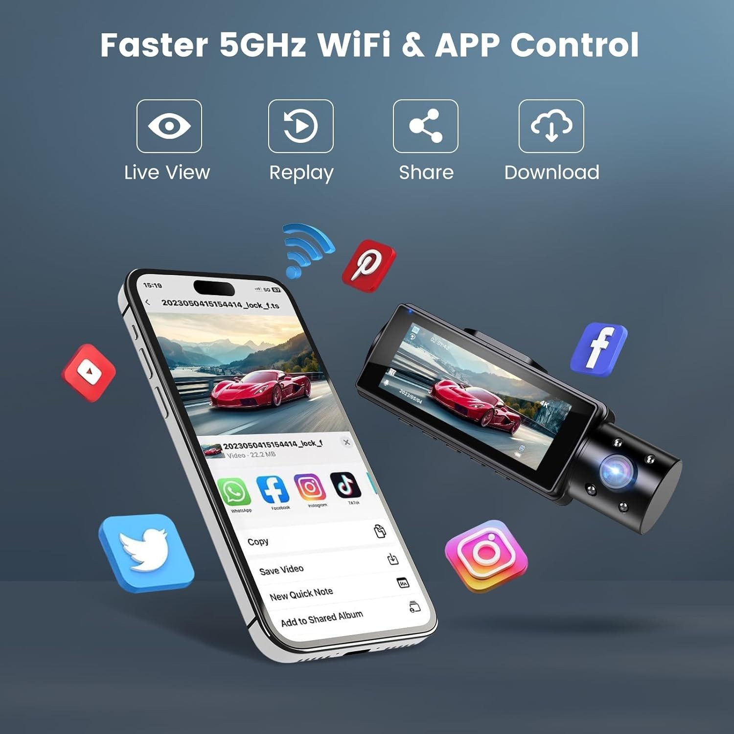 4K WiFi Dash Cam Front and Rear Inside, Free 64G SD Card, 2160P+1080P+1080P F…
