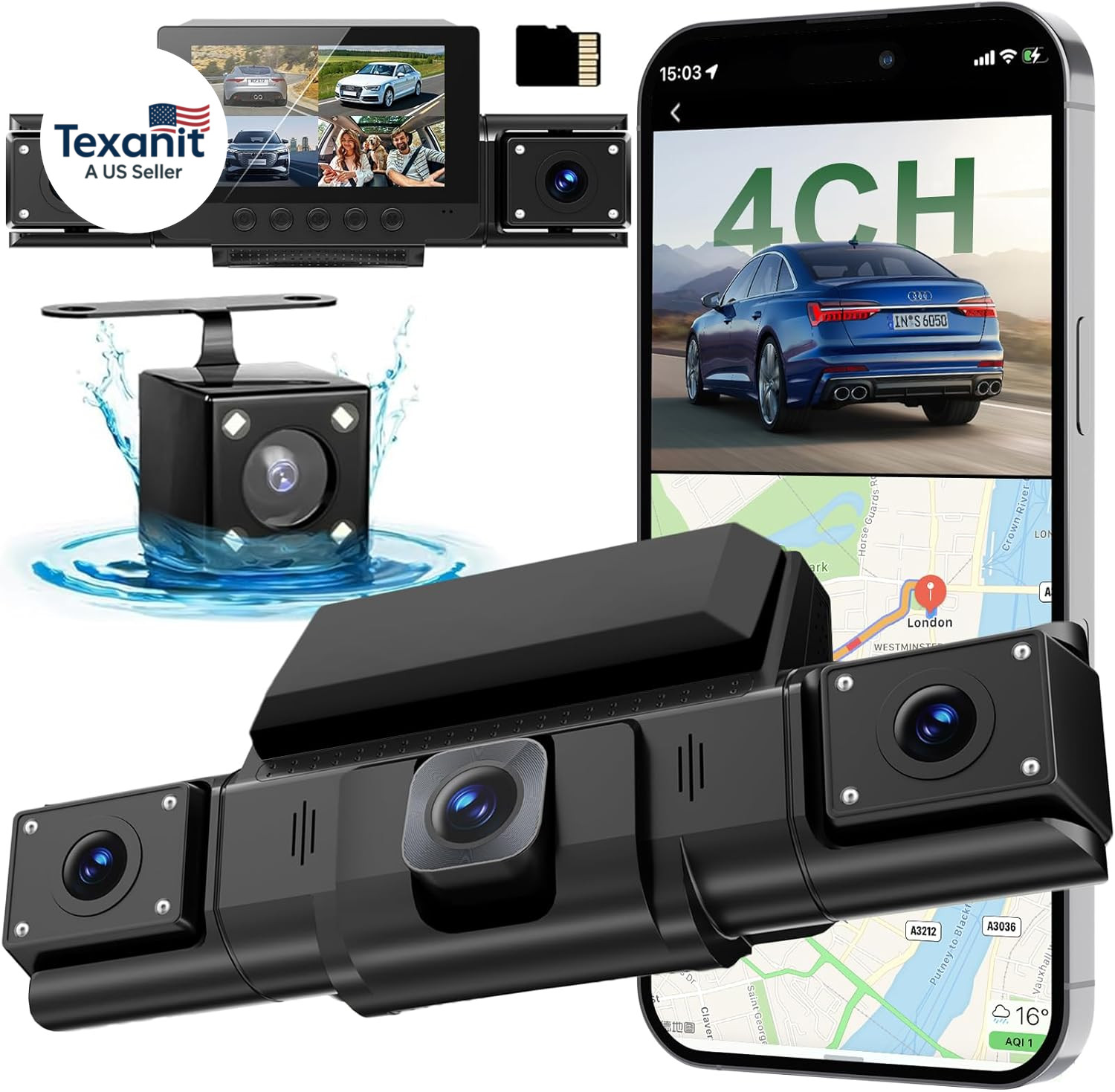 4 Channel Dash Cam,360° All-Around View Front Rear Left Right inside Car Camera,