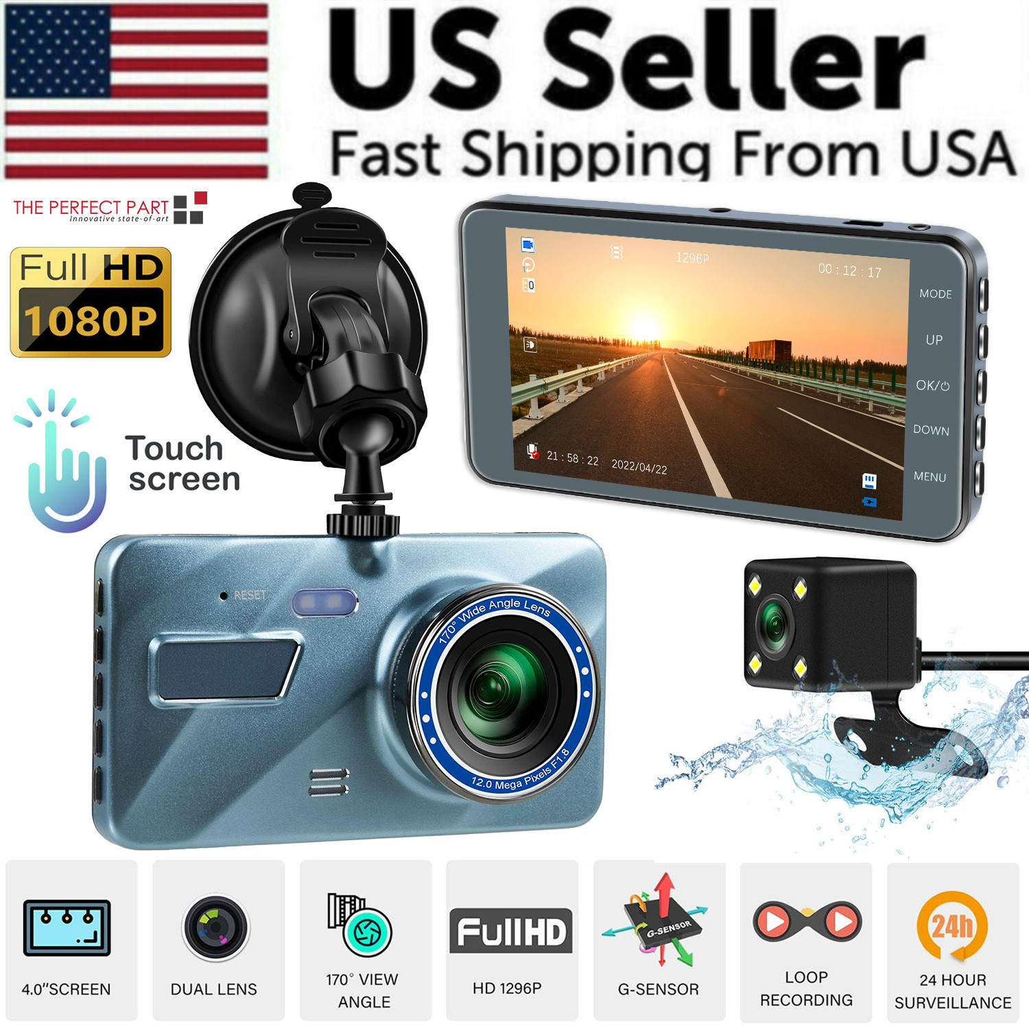Touch Screen Dash Cam 4″ 1080P Dual Lens Car DVR Recorder Front And Rear Camera