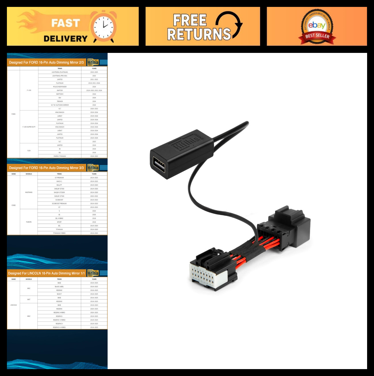 16-Pin Dash Cam Power Adapter for Ford & Lincoln – Plug & Play Rear View Connect