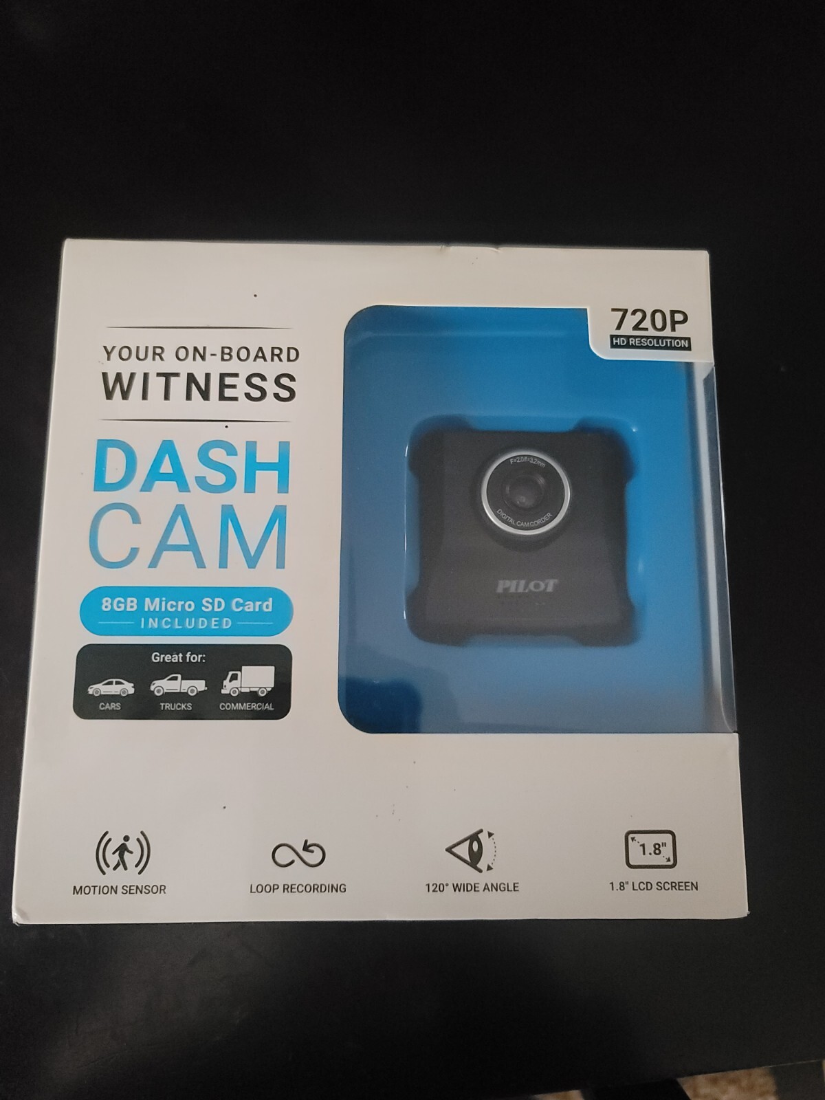 NEW Pilot Auto DASH CAM On-Board Witness 720p Loop Records MOTION SENSOR +8GB SD
