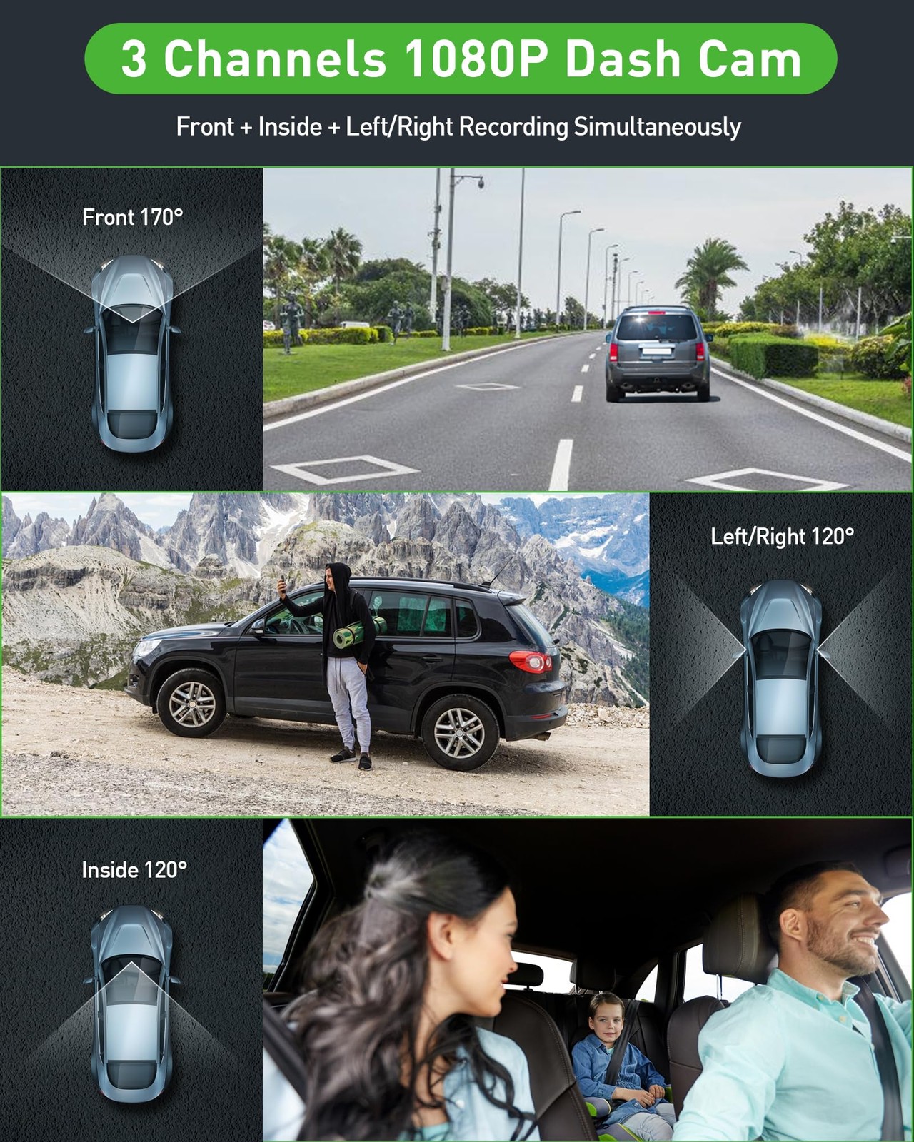 3 Channel 1080P Dash Cam Front and Inside Left/Right, Free 32G Card, Dash Cam…