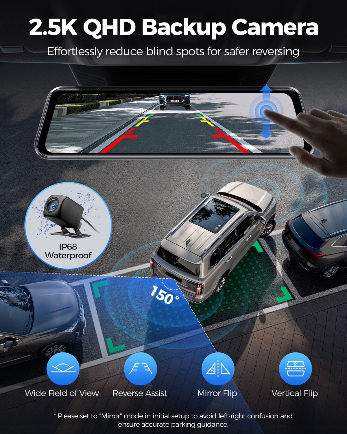 AZDOME 12″ Dual Rearview Mirror Dash Cam 4K+2.5K 5G WiFi GPS ADAS BSD LCA+JYX05