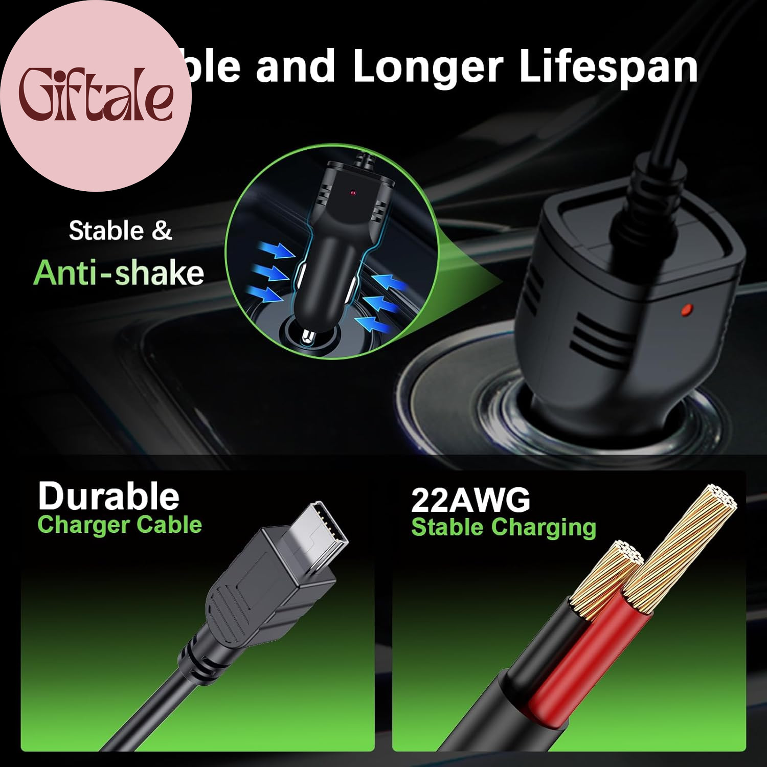 Dash Camera Car Charger, Mini USB and Micro USB Interfaces, Driving Recorders Po