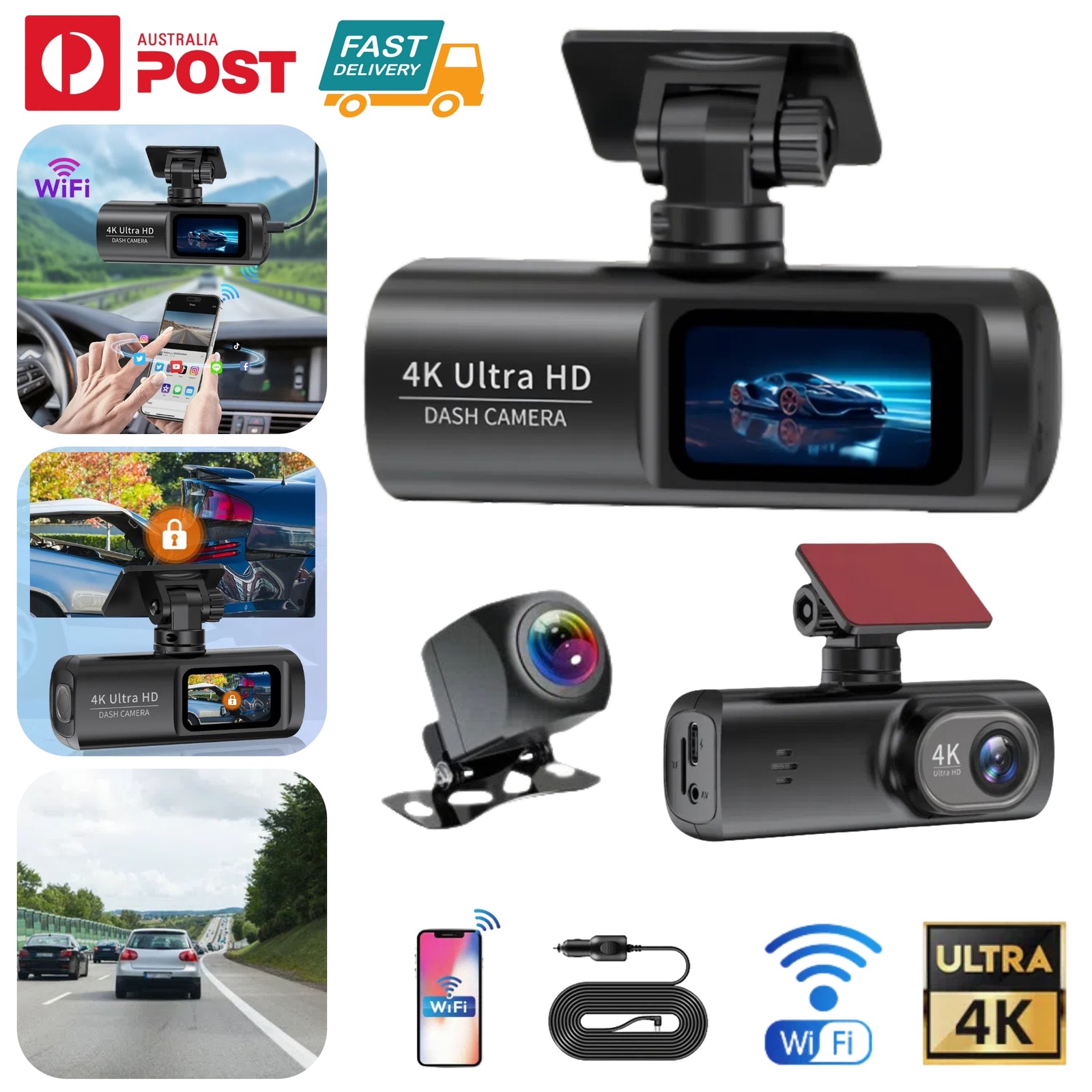 4K Dual Dash Cam 1080P HD Rear Driving Recorder WIFI In-car Night Vision Camera